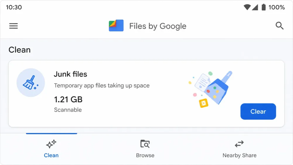 The Files by Google Clean tab, showing a Junk files card with a Clear button.