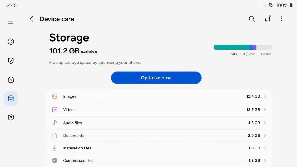 Samsung Device Care on the Storage screen, with an Optimize now button.