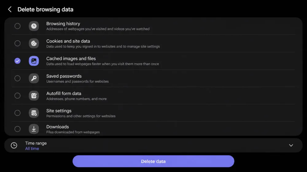 Samsung Internet's Delete browsing data screen with Cached images and files ticked.