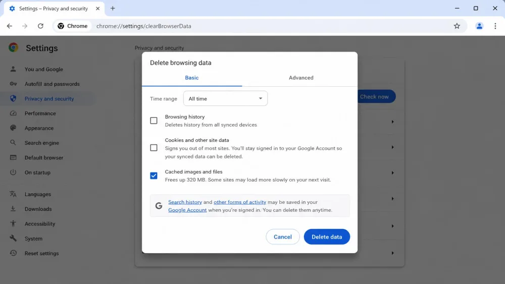 Google Chrome's Delete browsing data dialog with the time range set to All time and the Cached images and files checkbox ticked, ready to clear the cache.