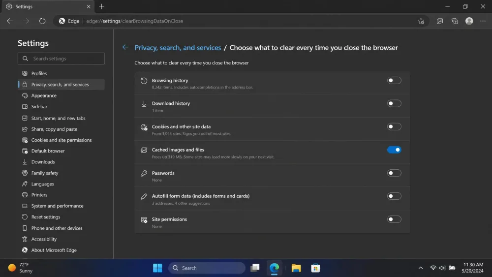 The Edge desktop panel for Choose what to clear every time you close the browser, showing the Cached images and files toggle switched on.