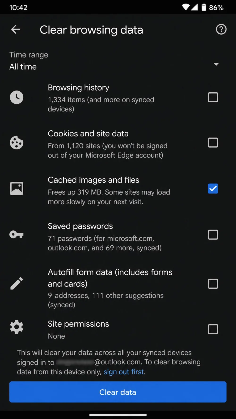 The Microsoft Edge for Android Clear browsing data screen with Cached images and files checked and the blue Clear data button at the bottom.