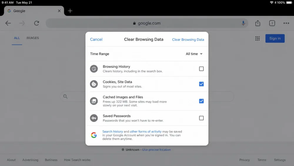 Google Chrome on iPad showing the Clear Browsing Data panel with the Time Range set to All time and Cookies, Site Data and Cached Images and Files both checked.