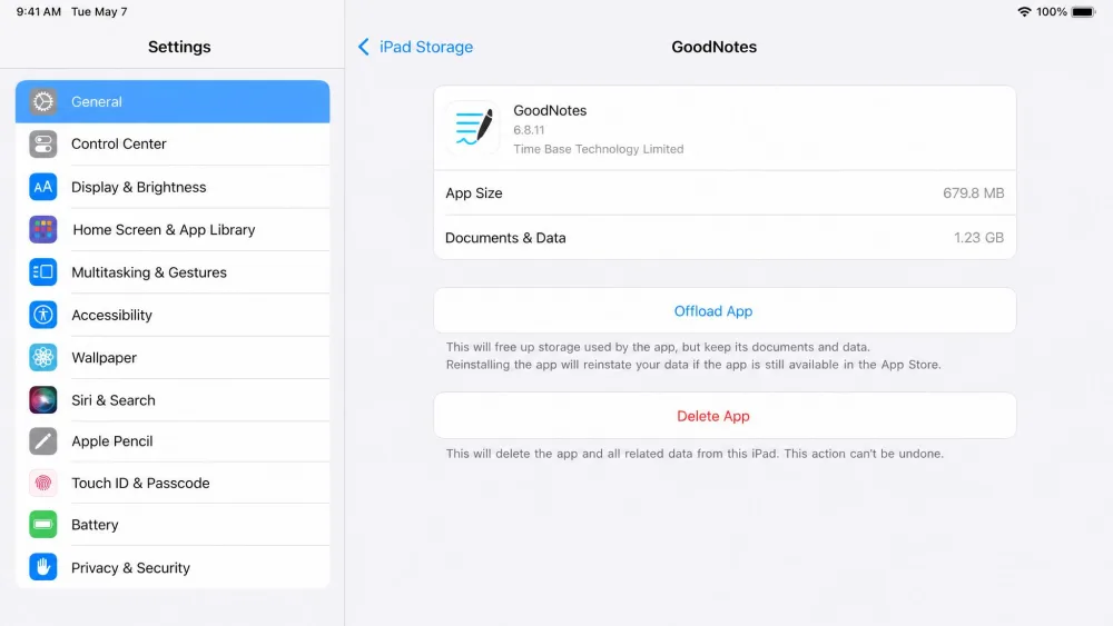 The iPad Storage screen under Settings > General showing a single app selected with the blue Offload App and red Delete App buttons visible.