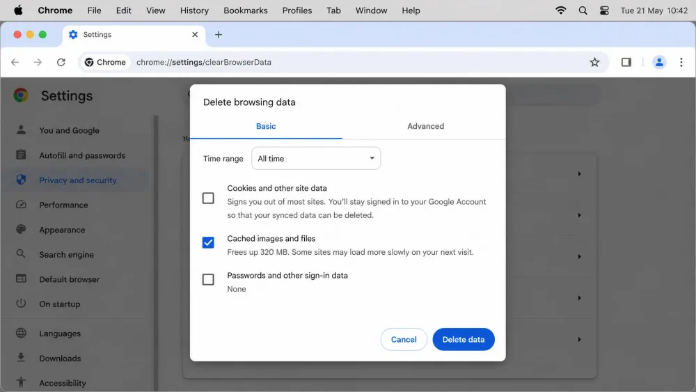 Chrome's Delete browsing data dialog on a Mac with Cached images and files ticked, the Time range set to All time, and the cookies box left unchecked.