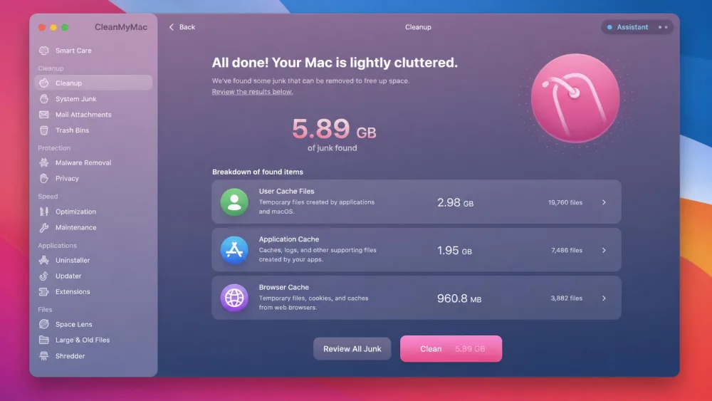 The CleanMyMac Cleanup module on a Mac after a scan, showing detected user, app, and browser cache junk with the Clean button ready and a Review All Junk option beside it.