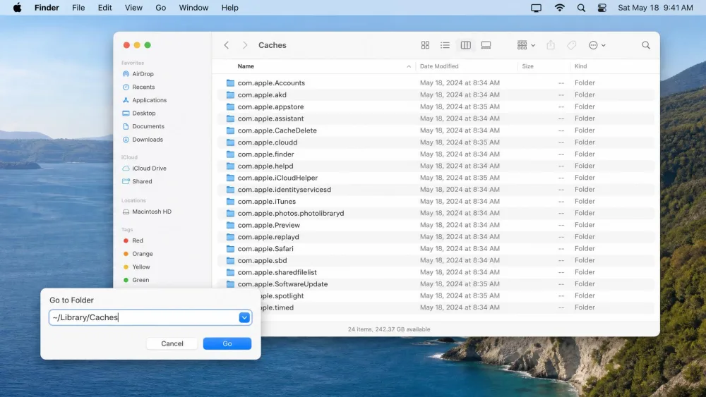 The Finder Go to Folder dialog on a Mac with ~/Library/Caches typed in, and behind it the Caches folder open showing app-named subfolders ready to be cleaned out.