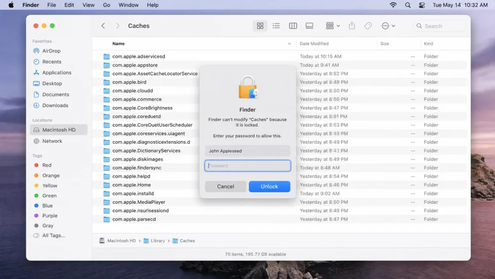 The /Library/Caches system folder open in Finder on a Mac, showing system-level cache subfolders with a macOS password prompt overlaid.