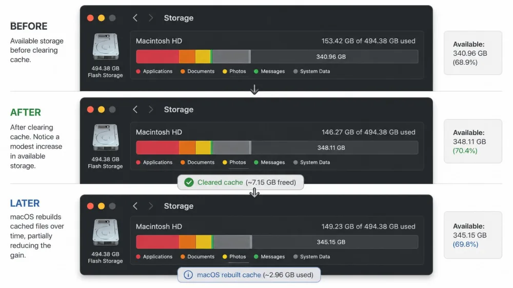 A before-and-after view of a Mac's available storage after clearing cache, showing a modest gain that partly refills as macOS rebuilds cached files.