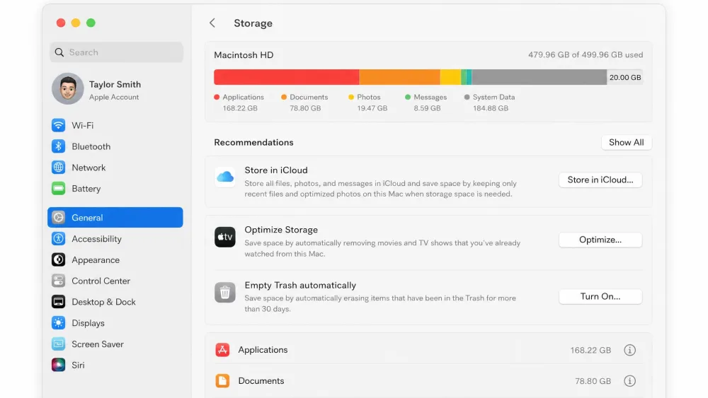 The macOS storage settings screen showing a nearly full drive with a large System Data segment, illustrating when clearing cache is worth doing.