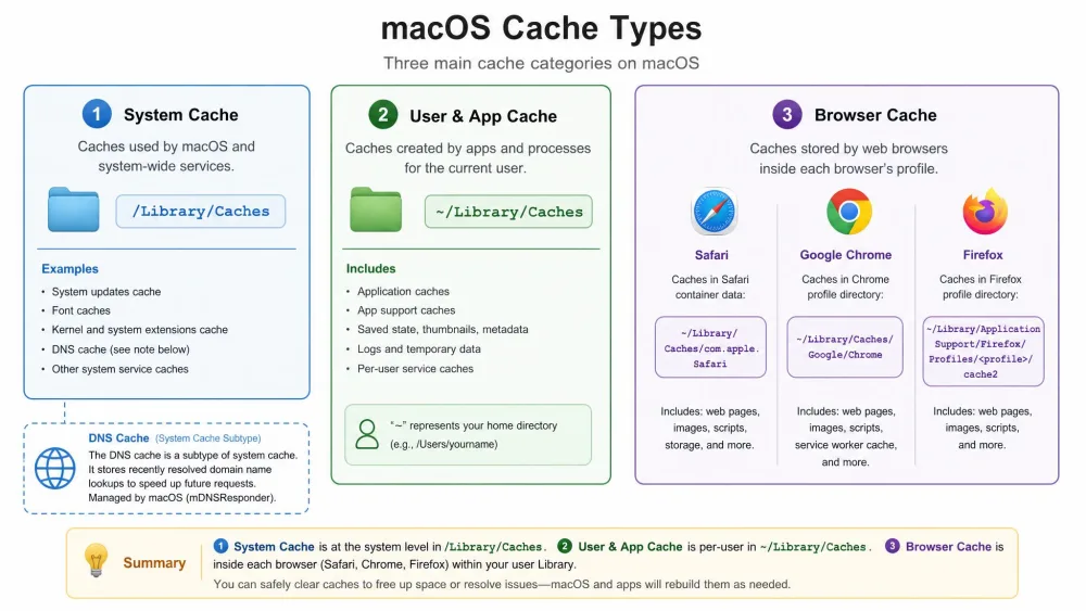 A labeled diagram showing the three macOS cache types, system cache in /Library/Caches, user and app cache in ~/Library/Caches, and browser cache inside Safari, Chrome, and Firefox, with a note that DNS cache is a system-cache subtype.