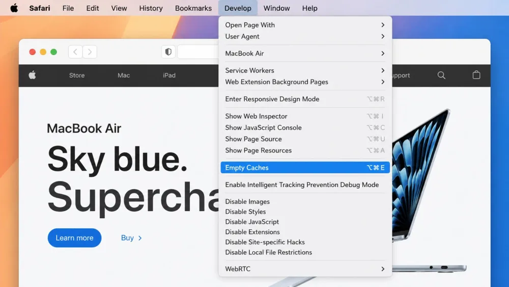 The Safari Develop menu open on a Mac with the Empty Caches item highlighted, showing the Option+Command+E keyboard shortcut alongside it.