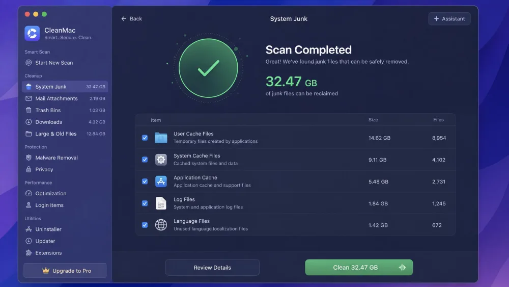 A Mac cleaner app showing a completed system junk scan with cache files listed and a total amount of reclaimable space ready to clear.