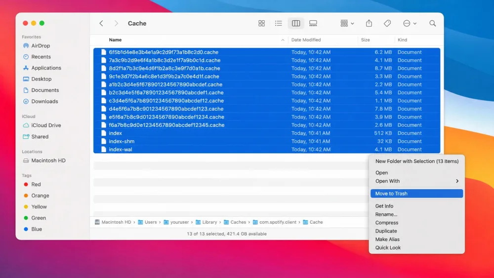 A MacBook Finder window inside a single app's cache folder with cached files selected and about to be moved to Trash.