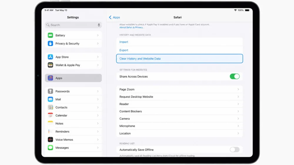 An iPad screen in Settings under Apps then Safari, with the Clear History and Website Data control highlighted and the Advanced menu visible above it.