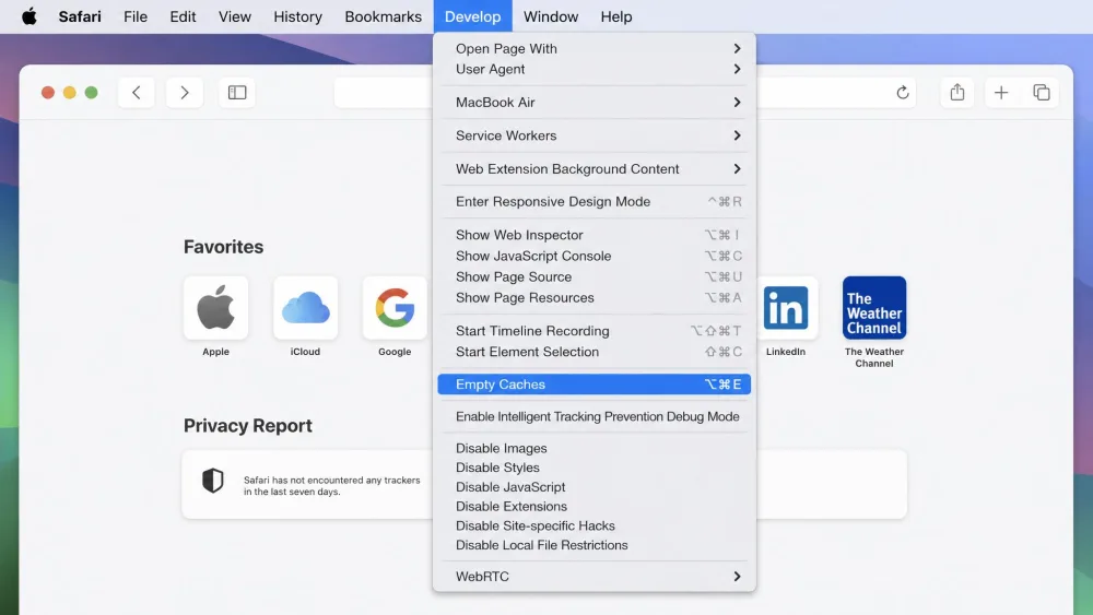 The Safari Develop menu open on Mac with the Empty Caches item highlighted and the Option Command E keyboard shortcut shown beside it.