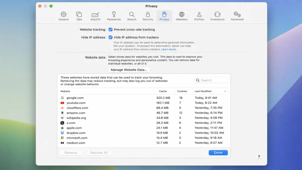 The Safari Settings window on Mac open to the Privacy tab, with the Manage Website Data button and a list of stored sites and their cache and cookie data.