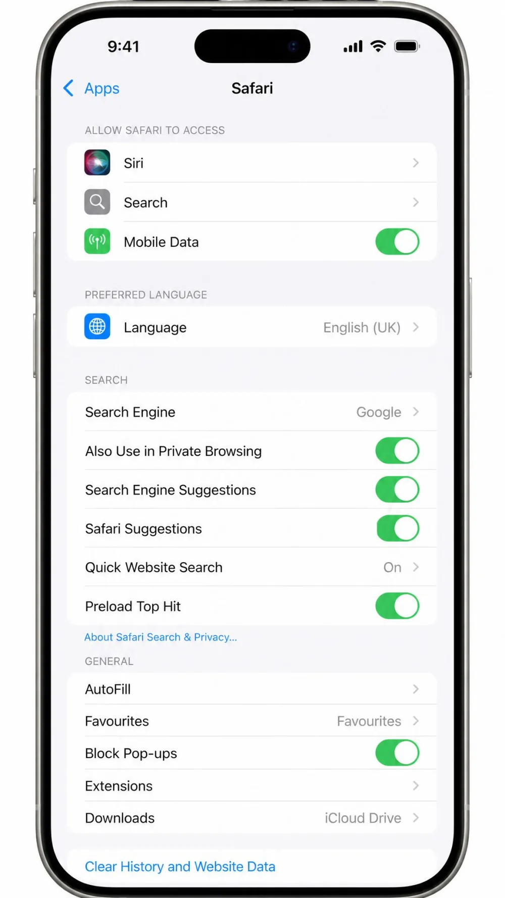 The iPhone Settings app open at Apps then Safari, showing the Clear History and Website Data button near the bottom of the Safari options list.