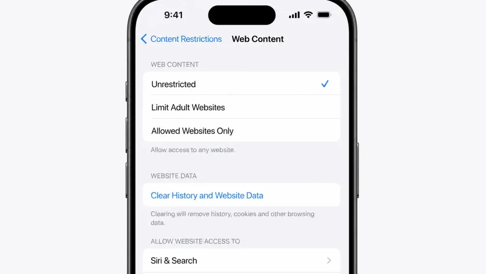 The iPhone Screen Time settings open at Web Content under Content Restrictions, with Unrestricted selected to re-enable the greyed-out Clear History and Website Data button.