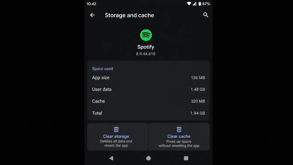 An Android app's Storage and cache screen, reached from Settings then Apps then the app, showing the Clear cache button sitting directly beside the Clear storage button that resets the app and signs you out.