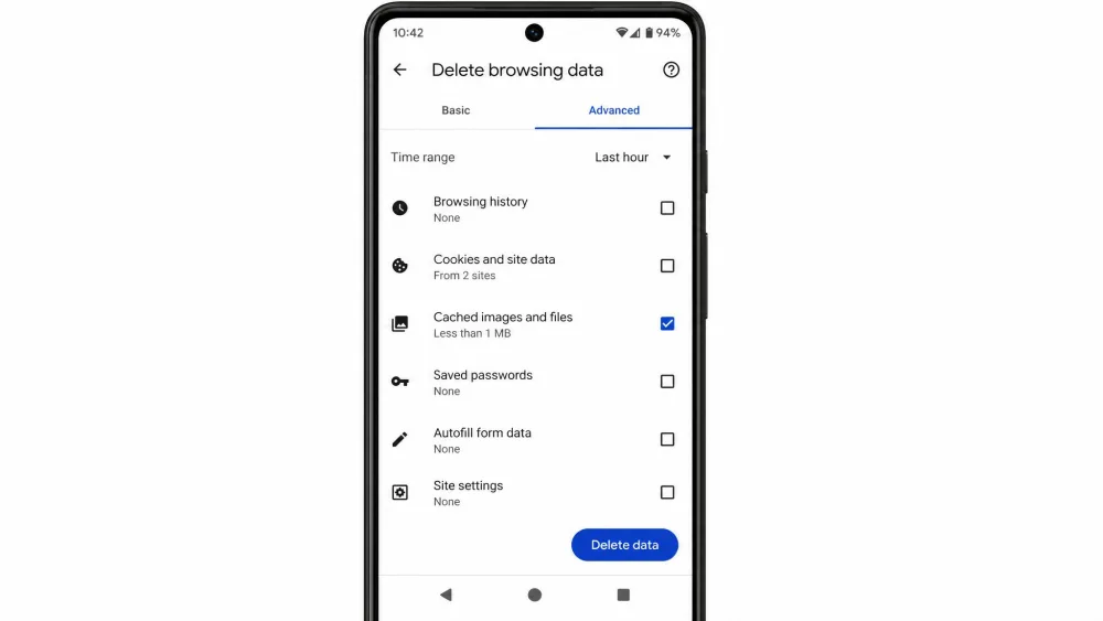 Chrome on an Android phone showing the Delete browsing data screen opened from the three-dot menu, with the More options route to the data types and time range, the Cached images and files checkbox ticked, and the Delete data button.