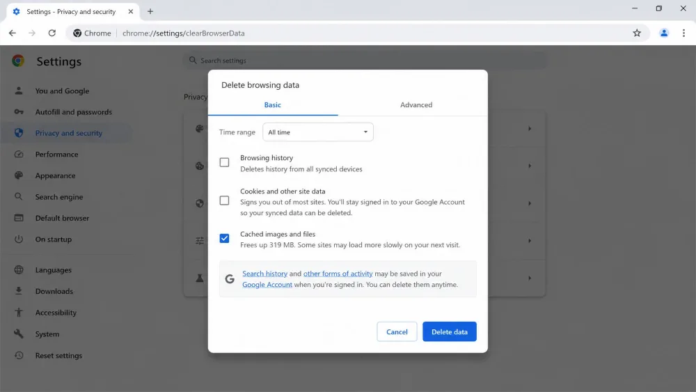 Chrome's Delete browsing data dialog on the desktop, with the time range dropdown set to All time, the Cached images and files checkbox ticked beside the separate Browsing history and Cookies and other site data checkboxes, and the Delete data button at the bottom of the dialog.