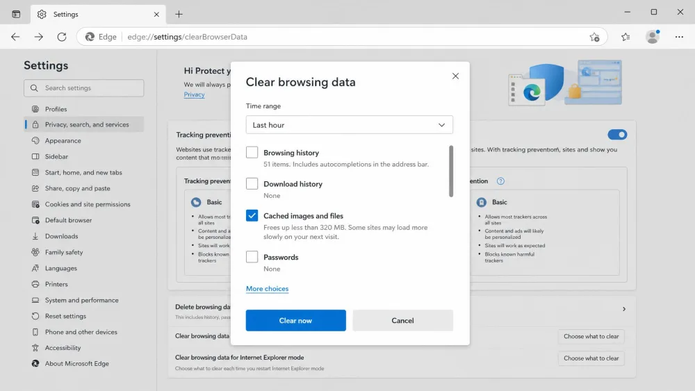 Microsoft Edge's Clear browsing data pane, reached from Settings then Privacy, search, and services, showing the Time range dropdown, the Cached images and files checkbox ticked, the Passwords checkbox left unticked below it, and the Clear now button.