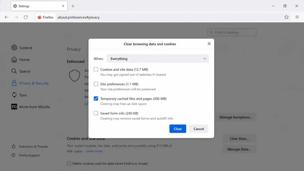 Firefox's Clear browsing data and cookies dialog, opened from Privacy and Security then Clear Data, with the When dropdown set to Everything and the Temporary cached files and pages checkbox ticked above the Clear button.