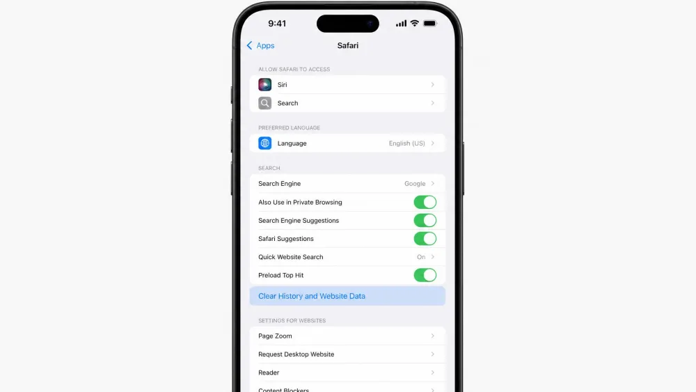 The Safari settings screen on an iPhone reached through Settings then Apps then Safari, with the Clear History and Website Data row highlighted, the same row that sits under Safari at the Settings root on builds before iOS 18.