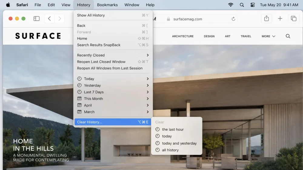 Safari on a Mac with the History menu open in the menu bar and the Clear History item highlighted at the bottom of that menu, the route Safari uses in place of a checkbox-based clear-data dialog.