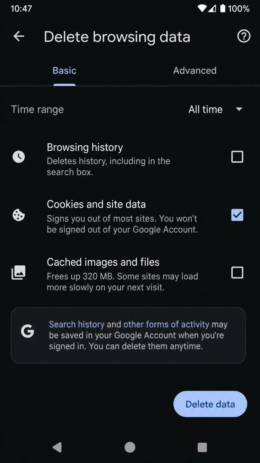 Chrome for Android's Delete browsing data screen with the time range set to All time and Cookies and site data ticked.