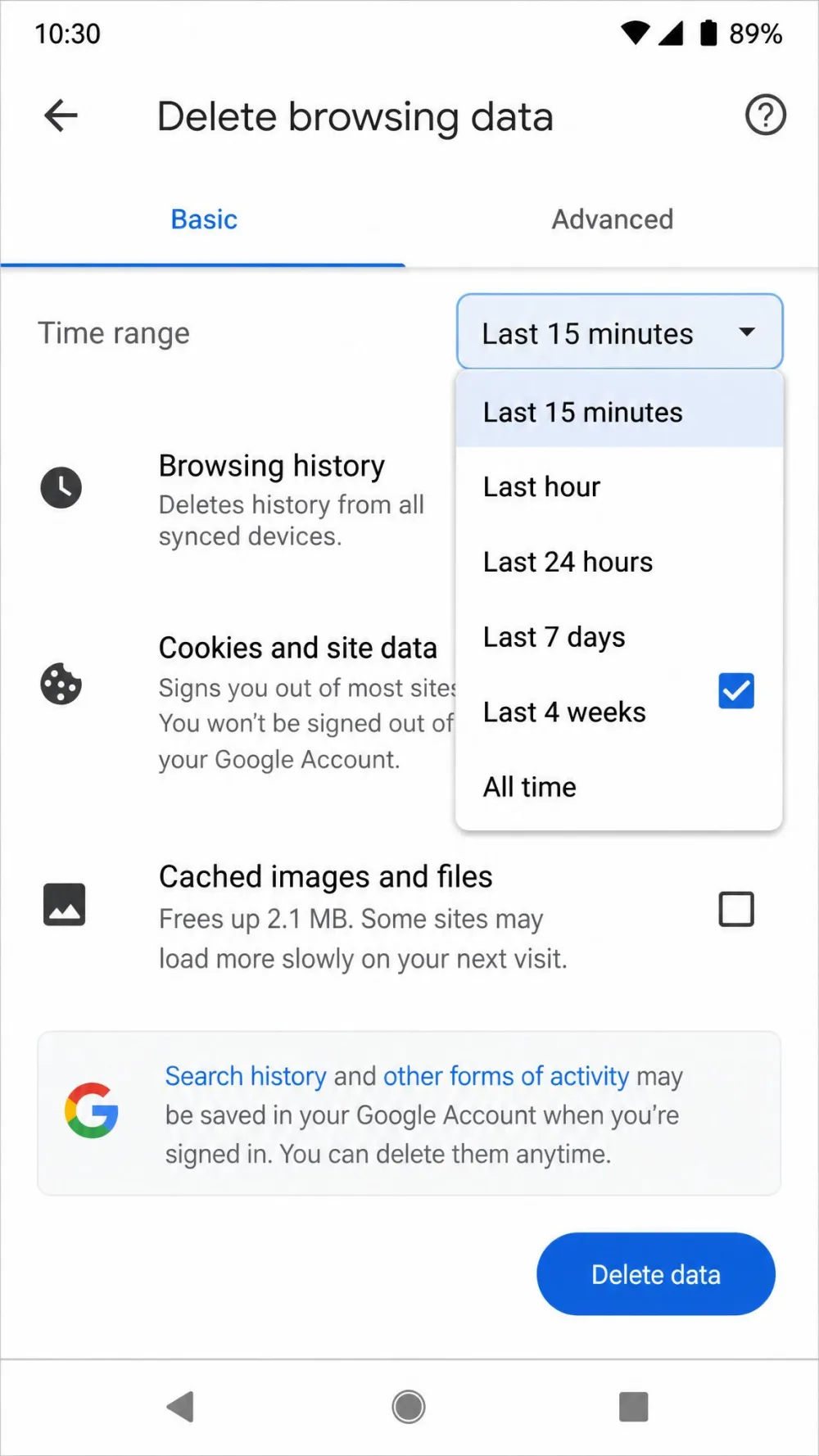 The Chrome for Android Delete browsing data screen showing the Cookies and site data checkbox selected and the Time range dropdown open with Last 15 minutes visible.