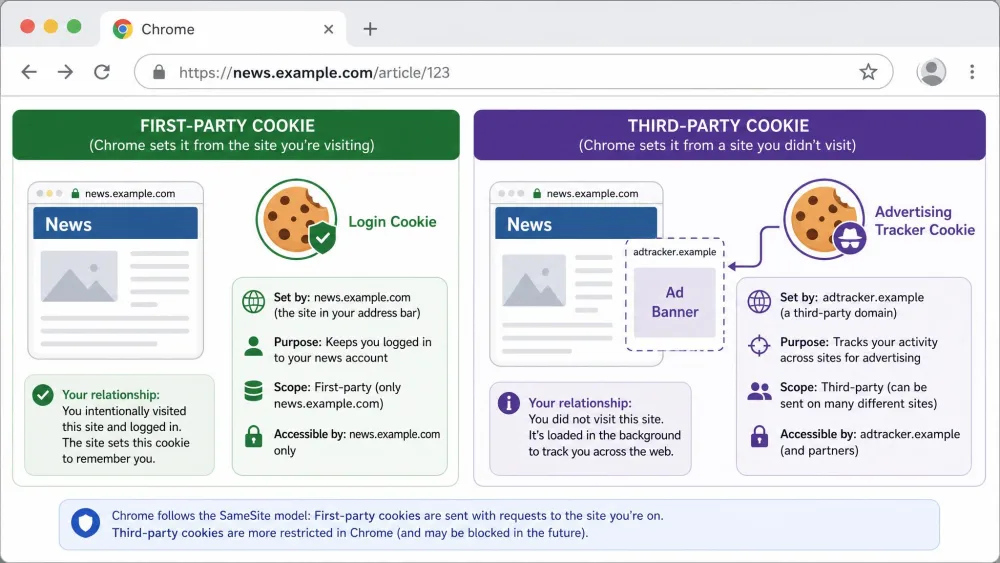 A labeled diagram contrasting a Chrome first-party login cookie against a third-party advertising tracker cookie, with the browser address bar shown at the top.