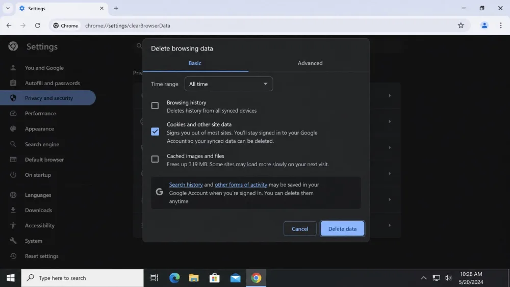 The Chrome desktop Delete browsing data dialog on Windows with the Time range set to All time and the Cookies and other site data checkbox ticked, and the Delete data button highlighted.