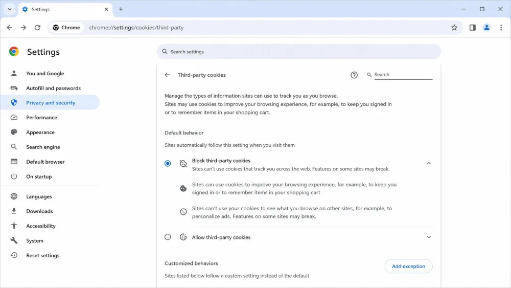 The Chrome Privacy and security settings screen with the Third-party cookies section open, showing the option to block third-party cookies and an Add exception button.