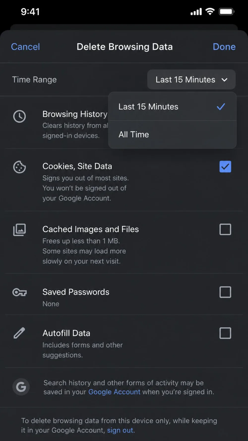 The Chrome for iOS Delete Browsing Data panel with the Time Range menu open, showing the 15 minutes default option and the All Time option, and the Cookies Site Data checkbox ticked.