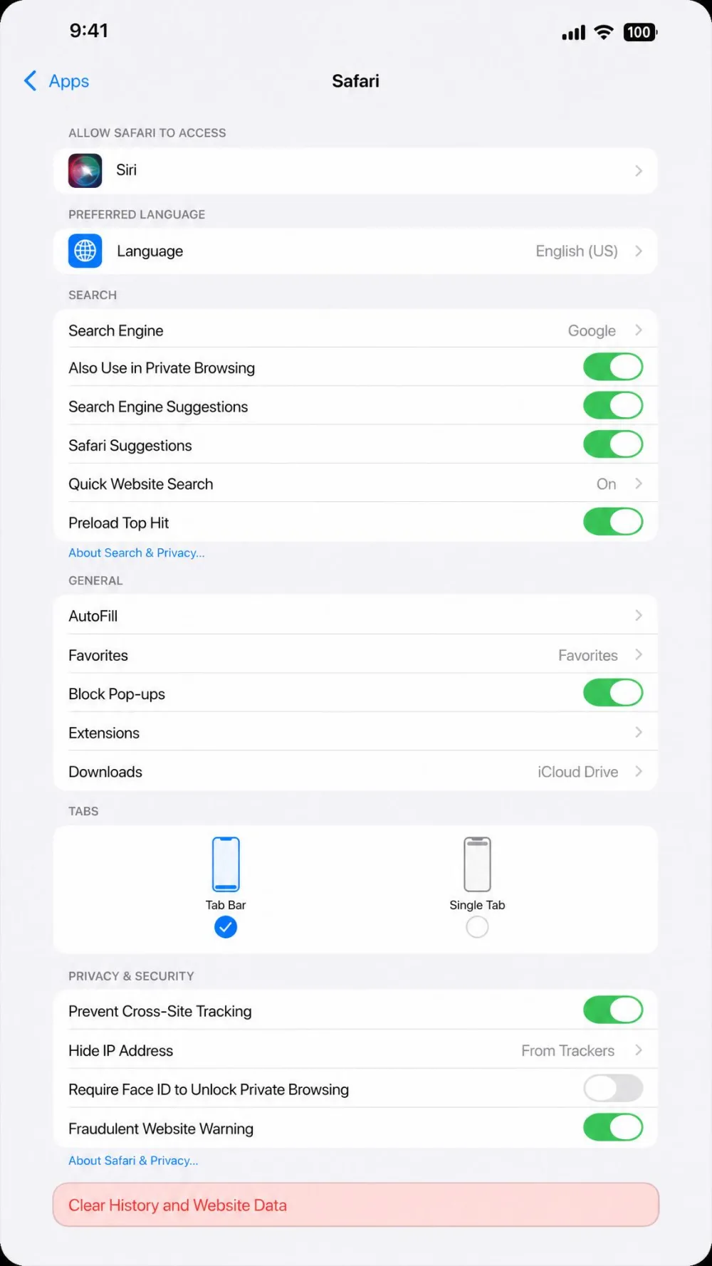 The Safari settings screen on iOS 26 under Settings, Apps, Safari, with the red Clear History and Website Data button highlighted near the bottom of the panel.