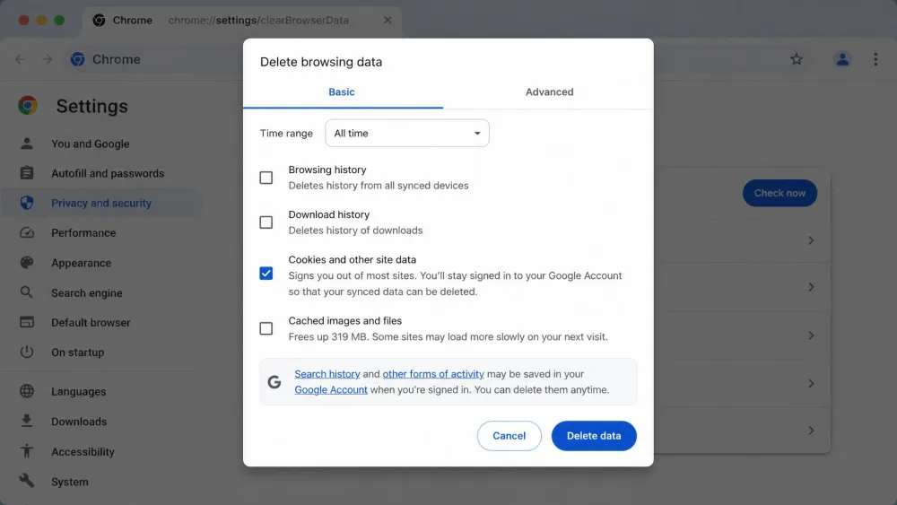 Chrome's Delete browsing data dialog on macOS, time range set to All time and Cookies and other site data ticked.