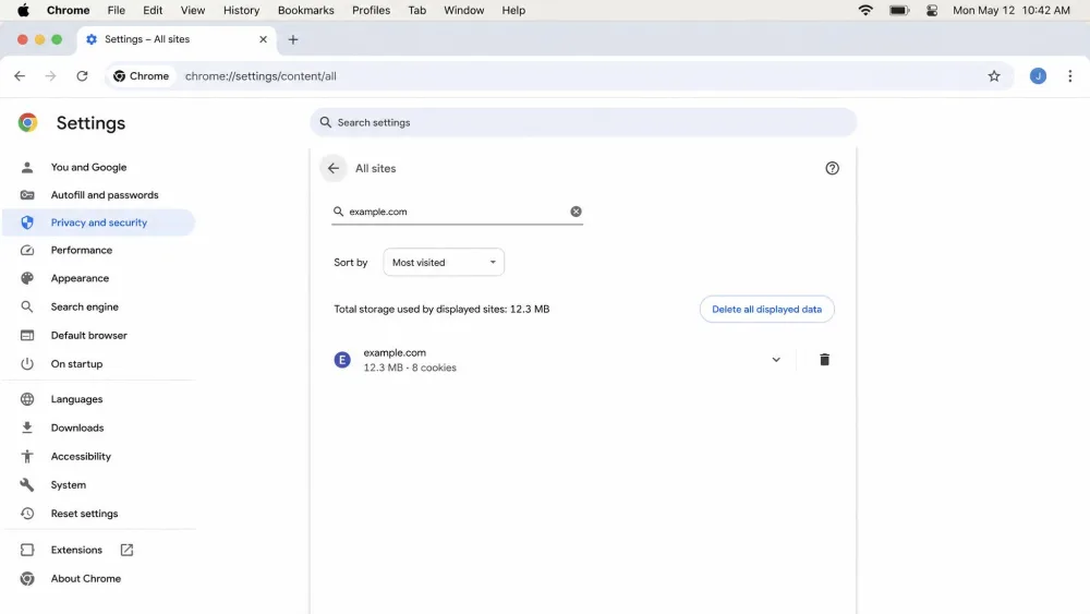Chrome's See all site data and permissions page on macOS with a site searched and its Delete icon on the right.