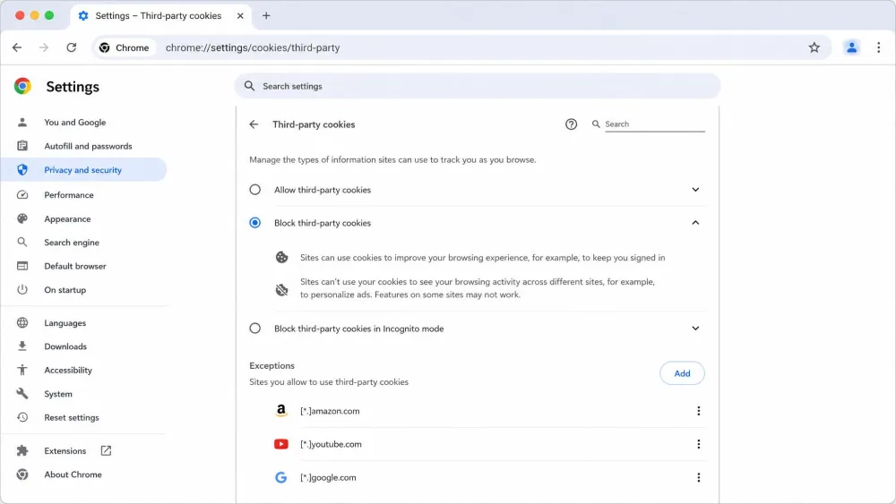 Chrome's Third-party cookies settings page on macOS with Block third-party cookies selected and the exceptions list below.