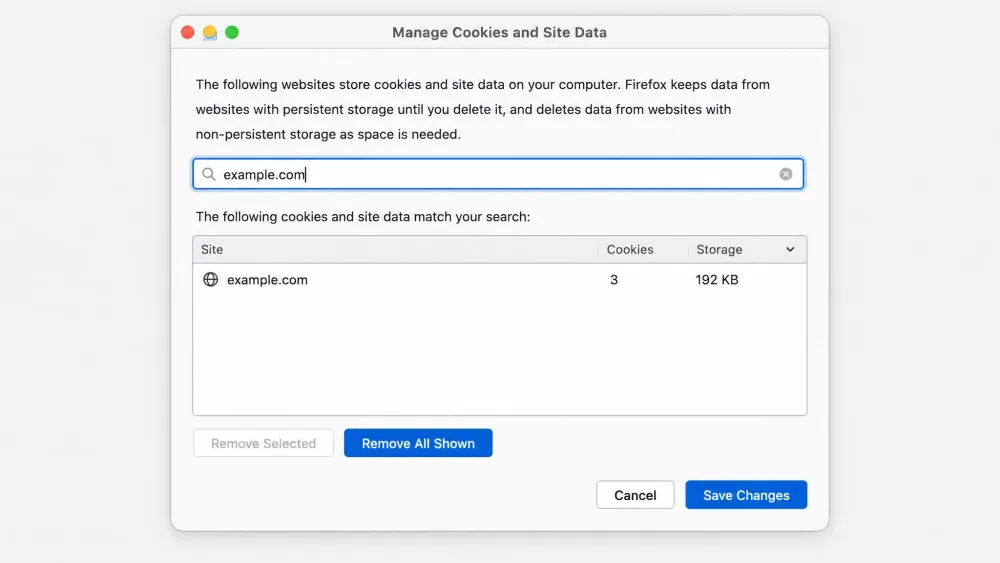 Firefox's Manage Cookies and Site Data window on macOS, a site name typed in the search field and Remove All Shown active.