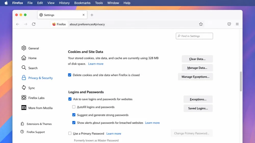 Firefox settings on macOS scrolled to the Cookies and Site Data section, with the Clear Data button visible.