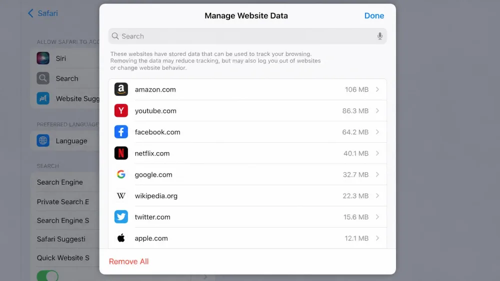Safari's Manage Website Data sheet listing stored sites, with the Remove All button at the bottom left.