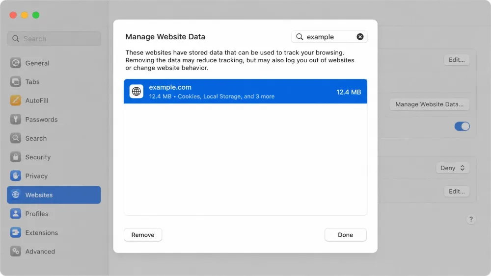 Safari's Manage Website Data list filtered by a search term, with one site selected and Remove active.