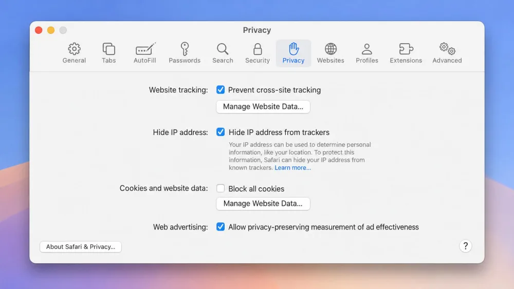 The Privacy tab of Safari Settings on macOS, with the Manage Website Data button below the Prevent cross-site tracking checkbox.