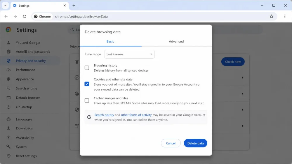 The Google Chrome Delete browsing data dialog on Windows, with the time range set to Last 4 weeks and the Cookies and other site data checkbox ticked.