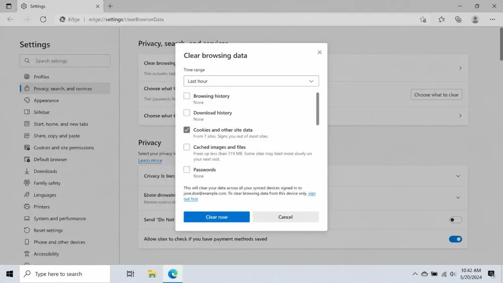 Microsoft Edge Clear browsing data dialog open on Windows, with a time range selected and the Cookies and other site data option checked, ready to click Clear now.