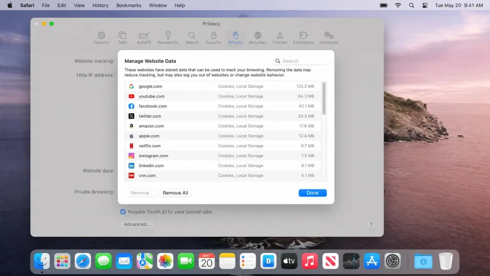 Safari on macOS showing the Manage Website Data panel under Privacy settings, with a list of stored sites and the Remove All button visible.