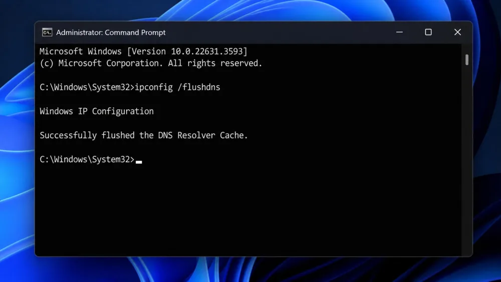 A Windows 11 Command Prompt window run as Administrator showing the ipconfig /flushdns command followed by the confirmation line "Successfully flushed the DNS Resolver Cache."