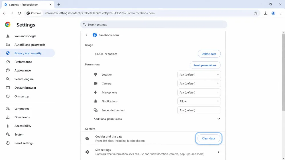 Google Chrome showing the site settings panel for facebook.com, with the Clear data button highlighted next to the cookies and site data option.